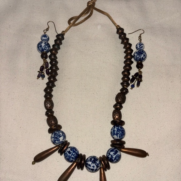 Jewelry - Handmade Blue Porcelain and Copper Beaded Necklace and Drop Earring Set